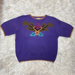 VTG Carriage Court Short Sleeve Sweater Womens Large Purple Scallop Hem 90s Art